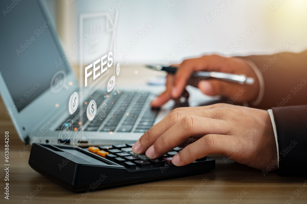 Human hand pressing on calculator and virtual computer screen with word ...