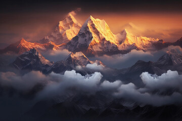 View of the Himalayas during a foggy sunset night - Mt Everest visible through the fog with dramatic and beautiful lighting. Image ai generate