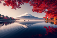 Colorful Autumn Season And Mountain Fuji With Morning Fog And Red Leaves At Lake Kawaguchiko, Japan.Image Ai Generate