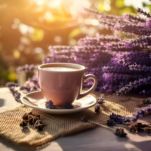 Purple Cup Of Coffee With Flowers Of Lavender In Background 