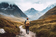 Leinwandbild Motiv Hiker walking to mountains.Image ai generate