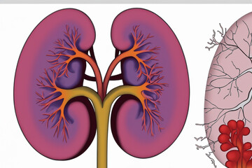 Kidney. Human kidney cross section. Menschliche Nieren. Human kidney Stones Medical Concept. Beautiful abstract kidneys with nebula dust concept, contemporary colors and mood social background