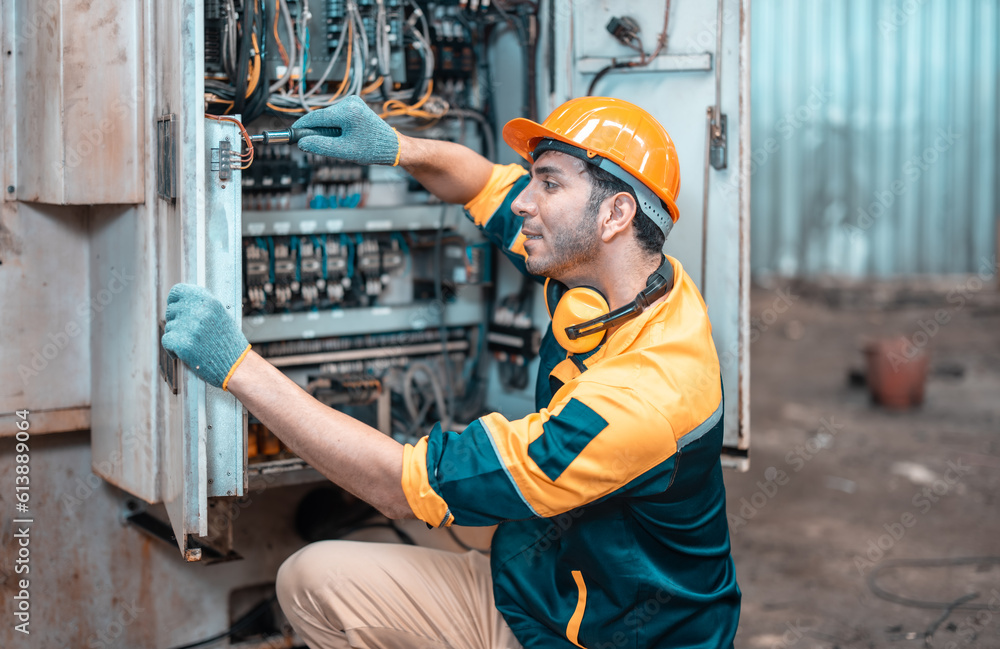 Electrical technician tests wiring, polarity, grounding, voltages and