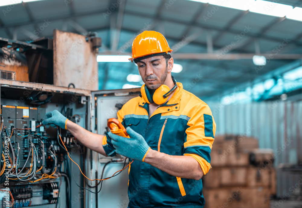 Electrical technician tests wiring, polarity, grounding, voltages and