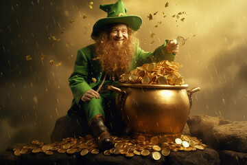 Illustration of a cartoonish leprechaun with his pot of gold. Generative AI. 