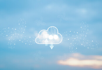 global networking cloud technology concept Virtual computation with natural white cloudy sky on a blue background. cloud technology data transfer and upload download application concept