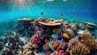 Koralowiec, pod wodą, rybki, wokół, promienie słońca, przez wodę, kolorowy, piękny, niespotykany. AI generated
