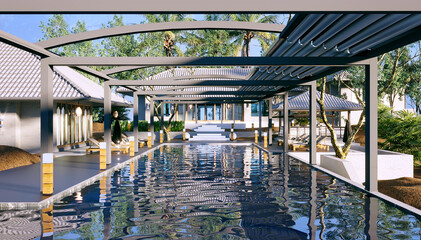 Wall Mural - Luxury villa house and swimming pool covered by retractable pergola. 3d rendering