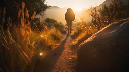 The hiker goes against the sky and sun. Hiking concept