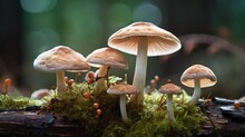  A Group Of Mushrooms Sitting On Top Of A Moss Covered Forest.  Generative Ai