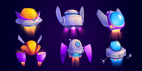 Wall Mural - alien spaceship cartoon game vector icon set. ufo shuttle cute fantasy illustration. colorful space 