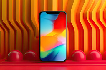 Wall Mural - Smartphone mockup. New black frameless hovering smartphone on color background. Based on high-quality studio shot. Smartphone frameless design concept.