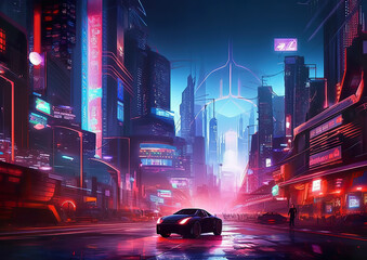 Wall Mural - An illustration of a futuristic city at night and a sci-fi vision of a futuristic neon city. A cyberpunk neon city illuminated with vivid blue, purple and red lights. AI generated.