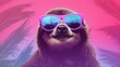 Vaporwave stylish pop art illustration with sloth wearing sunglasses on summer palm trees background. Retro placard template. AI generative image.