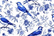 Toile De Jouy Birds And Flowers Blue Summer