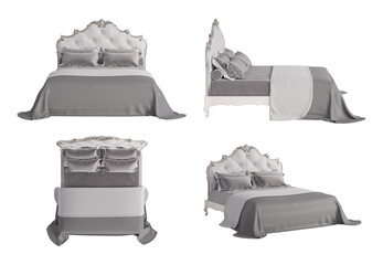 Wall Mural - Set of four views of a classic bed with a luxury white quilted headboard in the silver frame, gray pillows, sheet, and bedspread. Front view, side view, top view, perspective view. 3d render