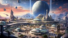 Spaceport On An Alien World, With Spacecraft Of Various Sizes And Shapes, Bustling Alien Merchants, And Interstellar Travelers