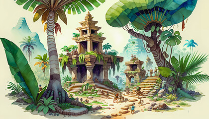 Wall Mural - Discovering the Hidden Temple: An Adventurous Expedition in the Jungle, Generative AI