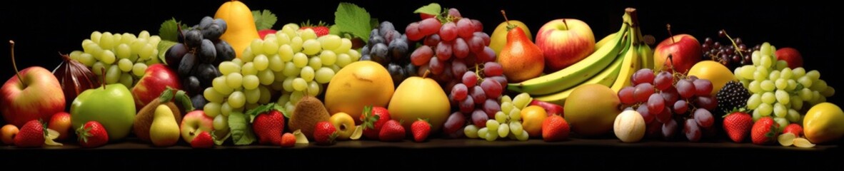 Wall Mural - Beautiful and colorful fruits banner with black background Generative AI Illustration