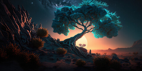 Wall Mural - Stunning Night extraterrestrial scene. Huge mountains against Starry sky. Fantasy landscape. Alien planet. Photorealistic digital illustration.	