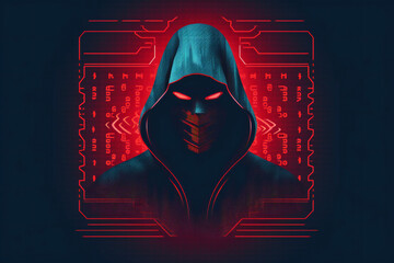 Digital Artistry: Red Poster with Font and a Person Using a Computer in Cyberspace.