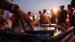 © vlntn - Night beach music party. Professional sound system dj console. AI generative image.