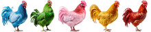 Collection Of Colourful Chicken Isolated On A Transparent Background (green, Blue, Pink, Gold, Red), Generative AI Animal Bundle