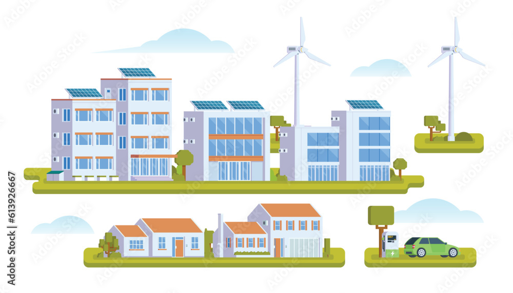 Vector elements representing eco town with solar panel and wind turbine ...
