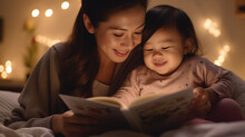 Young Mother Reading A Book To Her Daughter In Bed Before Going To Sleep.Created With Generative AI Technology.