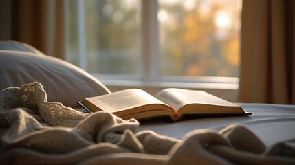 Wall Mural - Open book in the bed against a window overlooking the morning sun.Created with Generative AI technology.