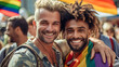 © Studio Nova - Happy young homosexual couple on the LGBT parade.Created with Generative AI technology.