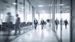© vlntn - Office corridor, long exposure, motion blur effect, modern business center interior with blurred rushing people. Indoor background. Office life concept. AI generative image.