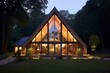 Modern and contemporary architecture. glass and brick, oak frame house with pitched roof in the countryside. generative AI