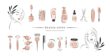 Wall Mural - Big set of elements and icons for beauty salon. Nail polish, beautiful woman face, lipstick, makeup, hairdressing. Vector illustrations