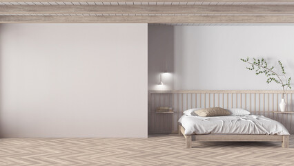 Wall Mural - Minimal japandi bedroom in bleached wooden and white tones. Mockup with copy space. Master bed with pillows, paper sliding door and herringbone parquet. Clean interior design