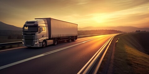 Cargo Truck on the Open Road at Sunset. Trucking Business in Motion