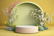 © vlntn - Abstract bright color springtime minimal round podium for product display with flowers. AI generative image.