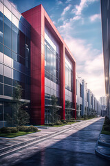 Wall Mural - Modern sleek warehouse office building facility exterior architecture, vertical. Generative AI