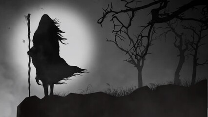 Wall Mural - witch woman silhouette with birds and bats by cliff edge 4k loop features the silhouette of a woman 