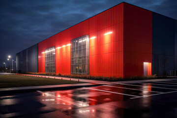 Wall Mural - Modern sleek warehouse office building facility exterior architecture, red, night. Generative AI