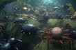 A detailed illustration of a group of arthropods, such as spiders or beetles, in a striking and dramatic natural environment, Generative AI