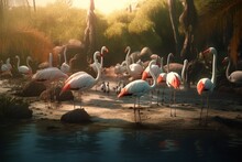 A Detailed Illustration Of A Group Of Birds, Such As Flamingos Or Pelicans, In A Beautiful And Tranquil Natural Environment, Generative AI