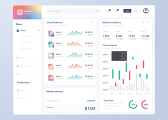 Infographic dashboard. UI design with graphs, charts and diagrams. Web interface template for business presentation.	