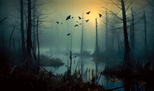 Horror Forest Full Moon With Birds Flying Through Fog, In The Style Of Landscape Art. Haunted Halloween Forest Background.
