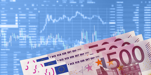 Wall Mural - Closeup Euro on the background of a chart. Euro economy. 3d illustration