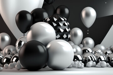 Wall Mural - White, silver and black balloons, holiday background. AI generative.