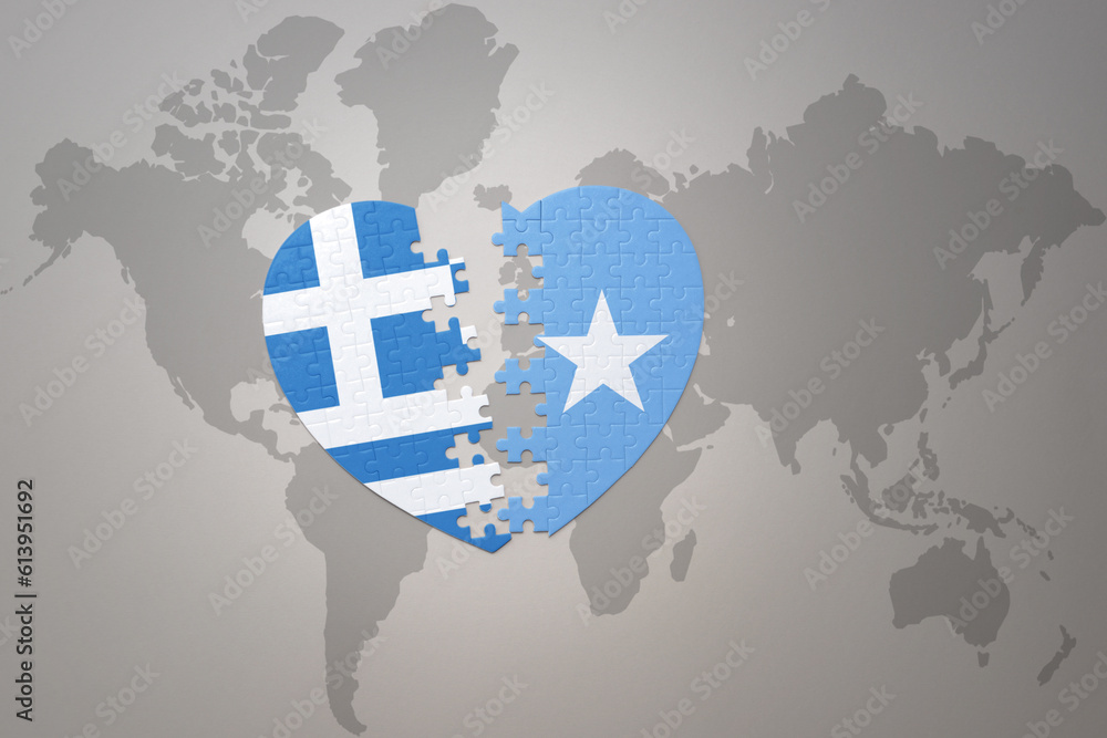 puzzle heart with the national flag of somalia and greece on a world ...