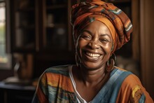 Portrait Of Happy Senior African Woman In Turban Generative AI