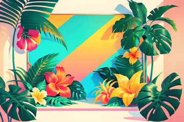 Wall Mural - Frame with flowers and palm leaves. Generative AI