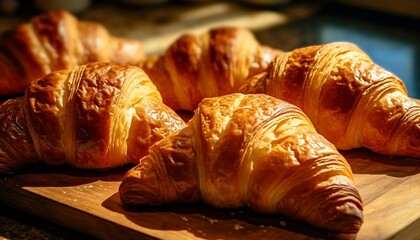 Wall Mural - Freshly Baked French Croissants on Wooden Board Generative AI